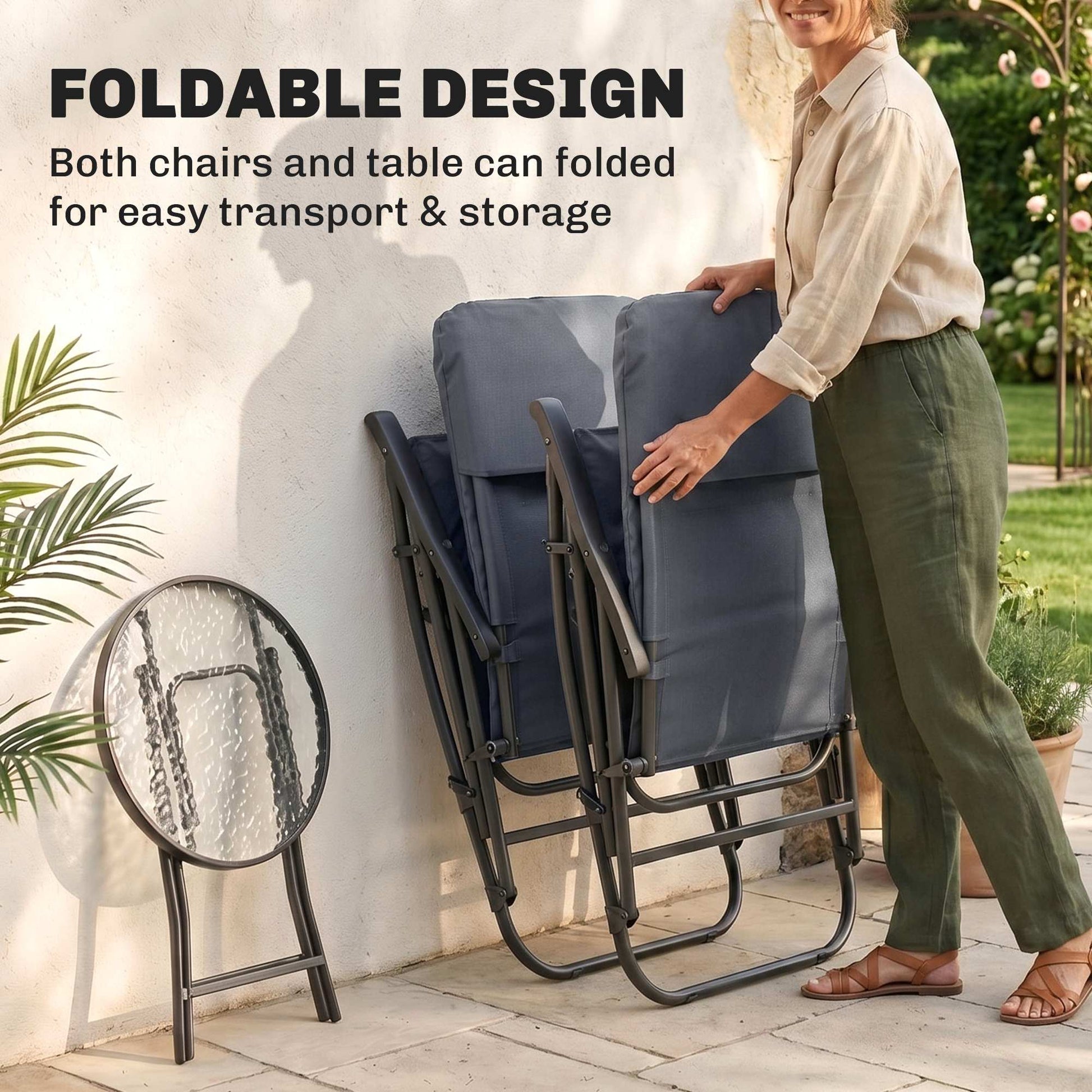 3pc Patio Foldable Rocking Chair Set, Outdoor Rocking Chairs and Table Bistro Set w/ Padded Seat, Headrest, Backrest for