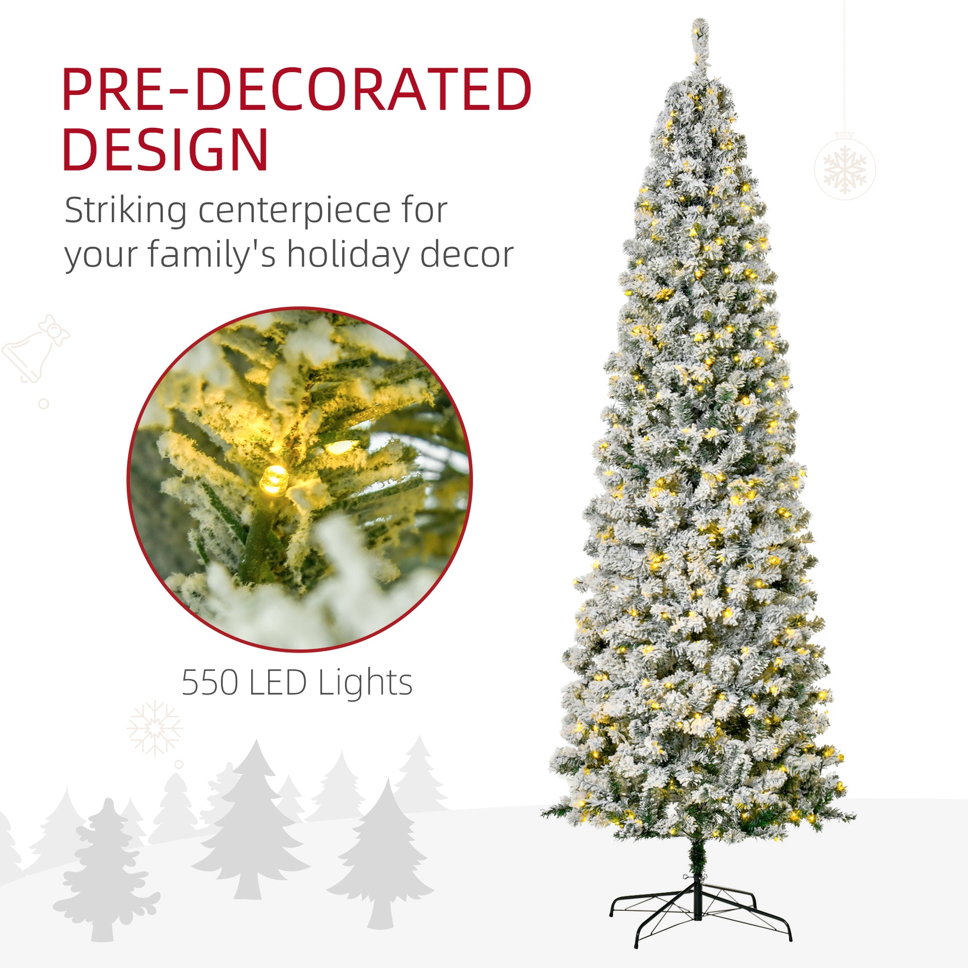 9 Feet Prelit Artificial Snow Flocked Pencil Christmas Tree, Slim Xmas Tree with Warm White LED Light, Holiday Home Xmas