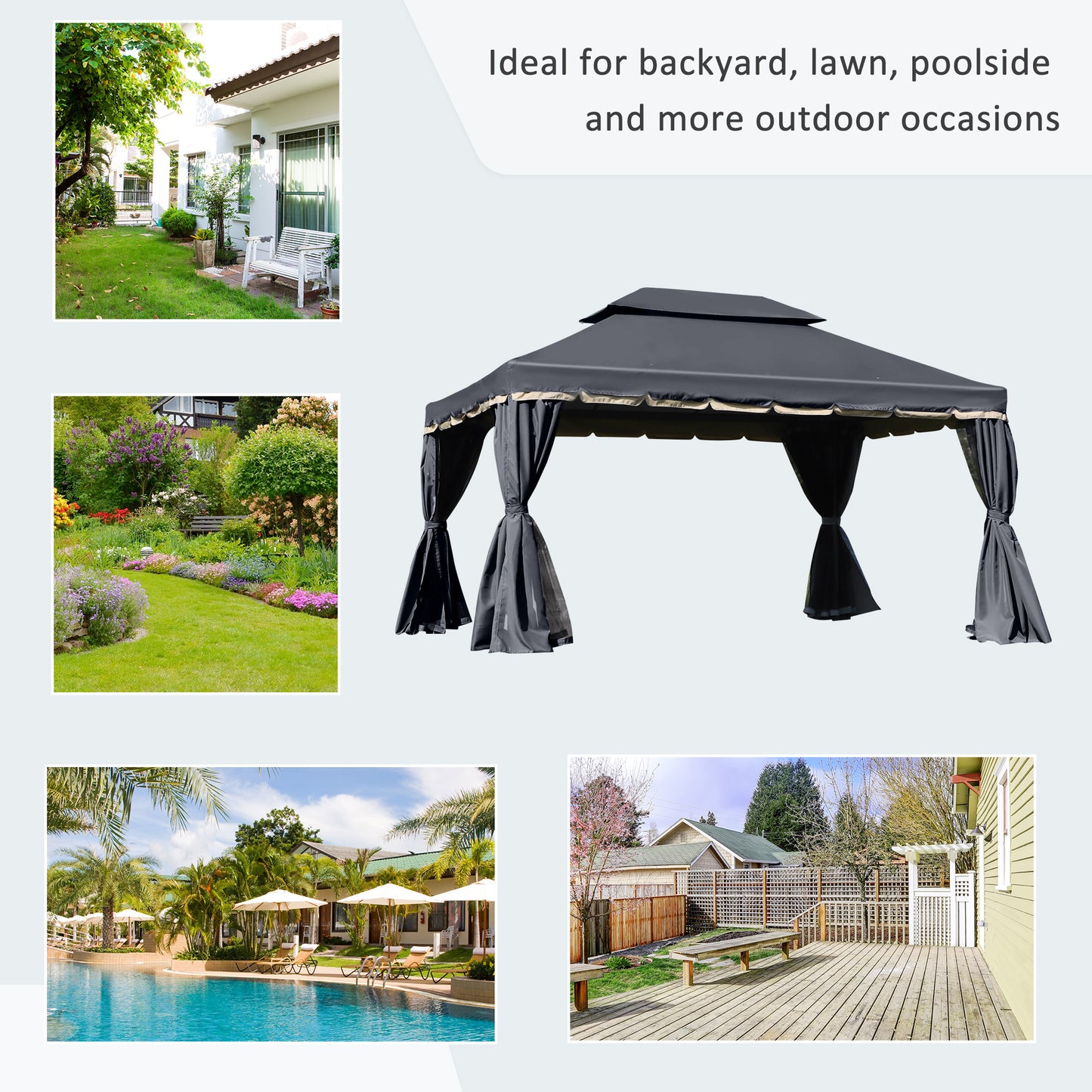 13' x 10' Patio Gazebo, Double Roof Outdoor Gazebo Canopy Shelter with Netting & Curtains, Strong Aluminum Frame, Black