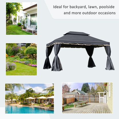 13' x 10' Patio Gazebo, Double Roof Outdoor Gazebo Canopy Shelter with Netting & Curtains, Strong Aluminum Frame, Black