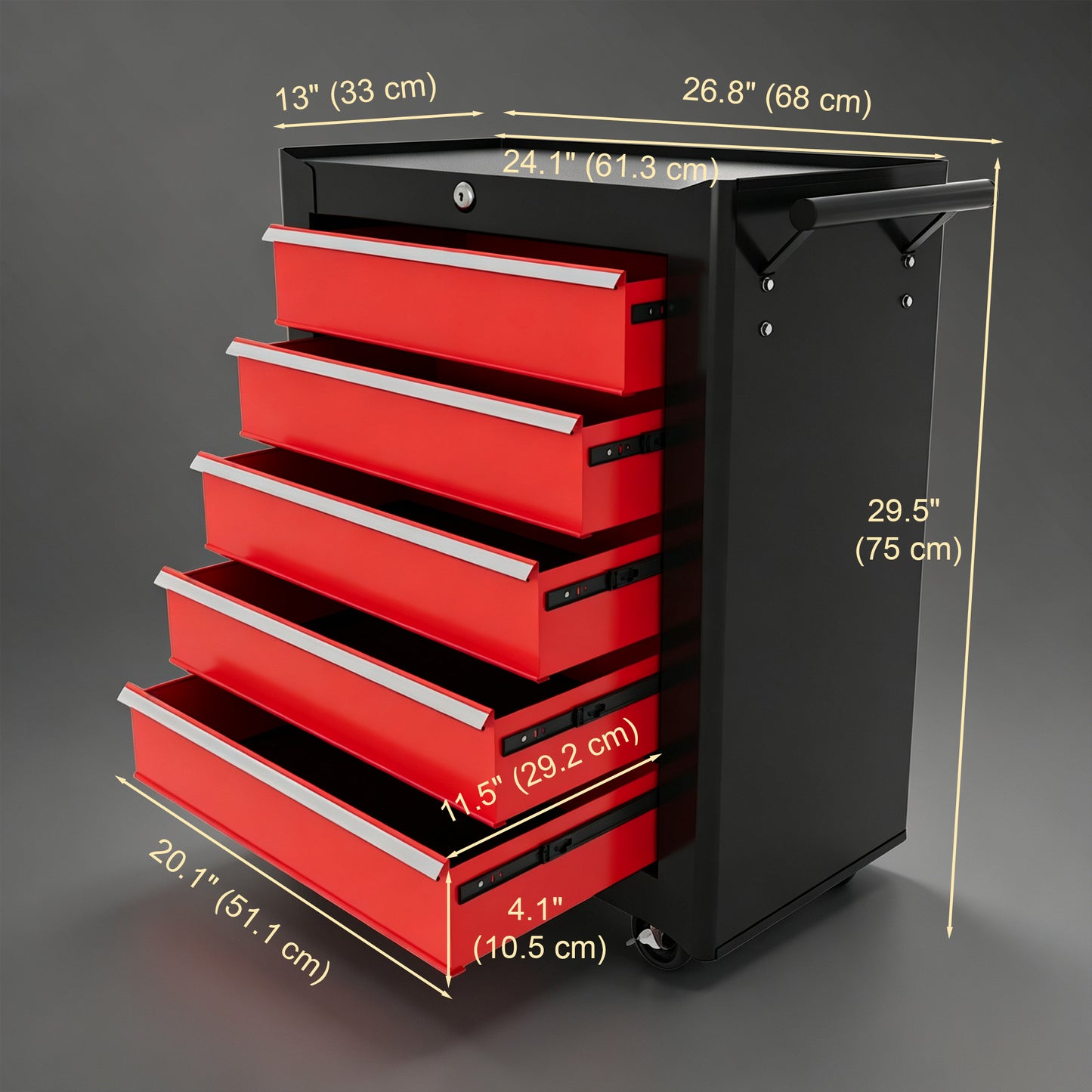 5 Drawer Roller Tool Chest, Lockable Toolbox, Storage Organizer with Handle for Workshop Mechanics Garage, Black and Red