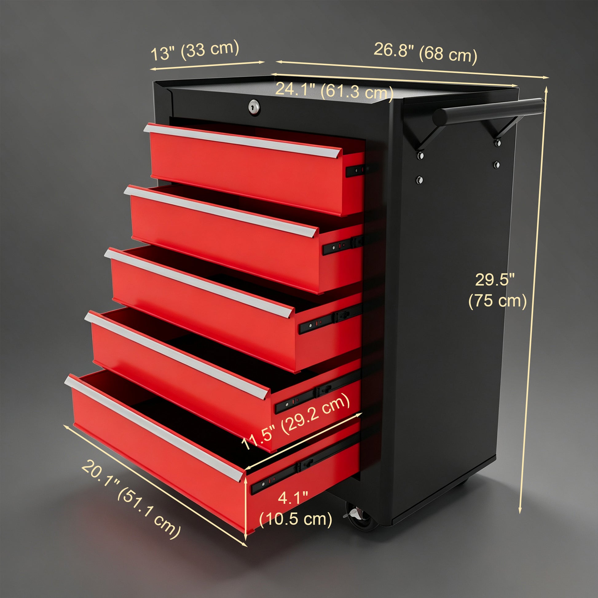 5 Drawer Roller Tool Chest, Lockable Toolbox, Storage Organizer with Handle for Workshop Mechanics Garage, Black and Red