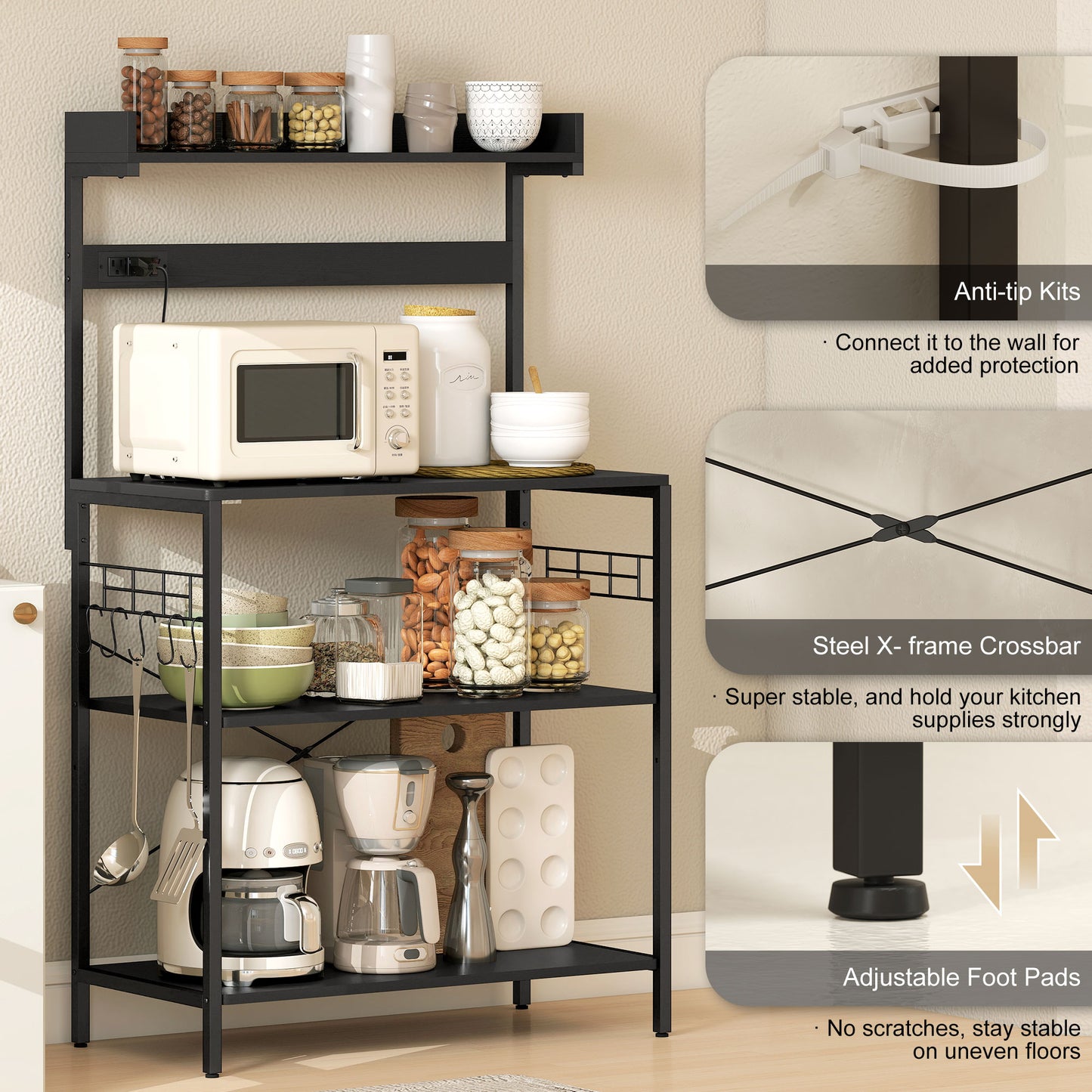 Kitchen Baker's Rack with Power Outlet, Coffee Bar Station with Adjustable Shelves and Hooks, Rustic Brown