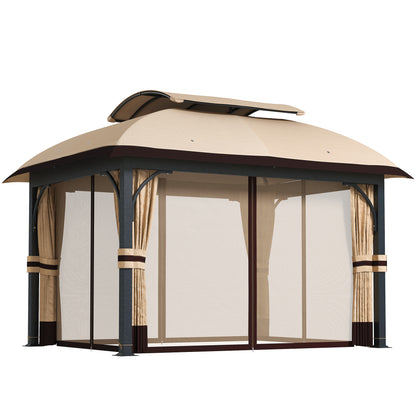 11' x 13' Patio Gazebo, Double Roof Outdoor Gazebo Canopy with Netting & Curtains, Galvanized Metal Frame, Khaki