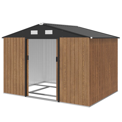 9.1'x6.4'x6.3' Garden Storage Shed, Outdoor Storage Tool House with Vents, Foundation and Lockable Double Doors, Teak