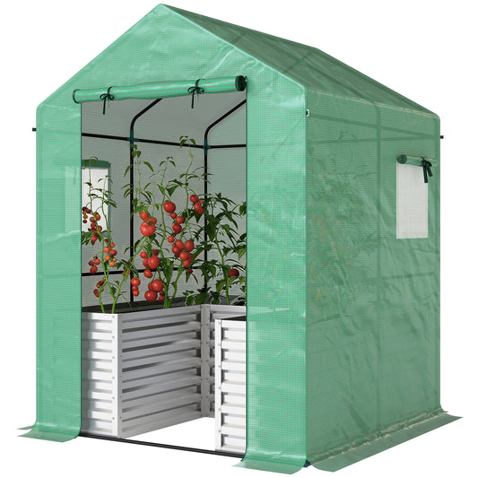Greenhouse with Raised Garden Bed, Galvanized Metal Planter Box with PE Cover, Roll Up Door, 56" x 56" x 75", Green