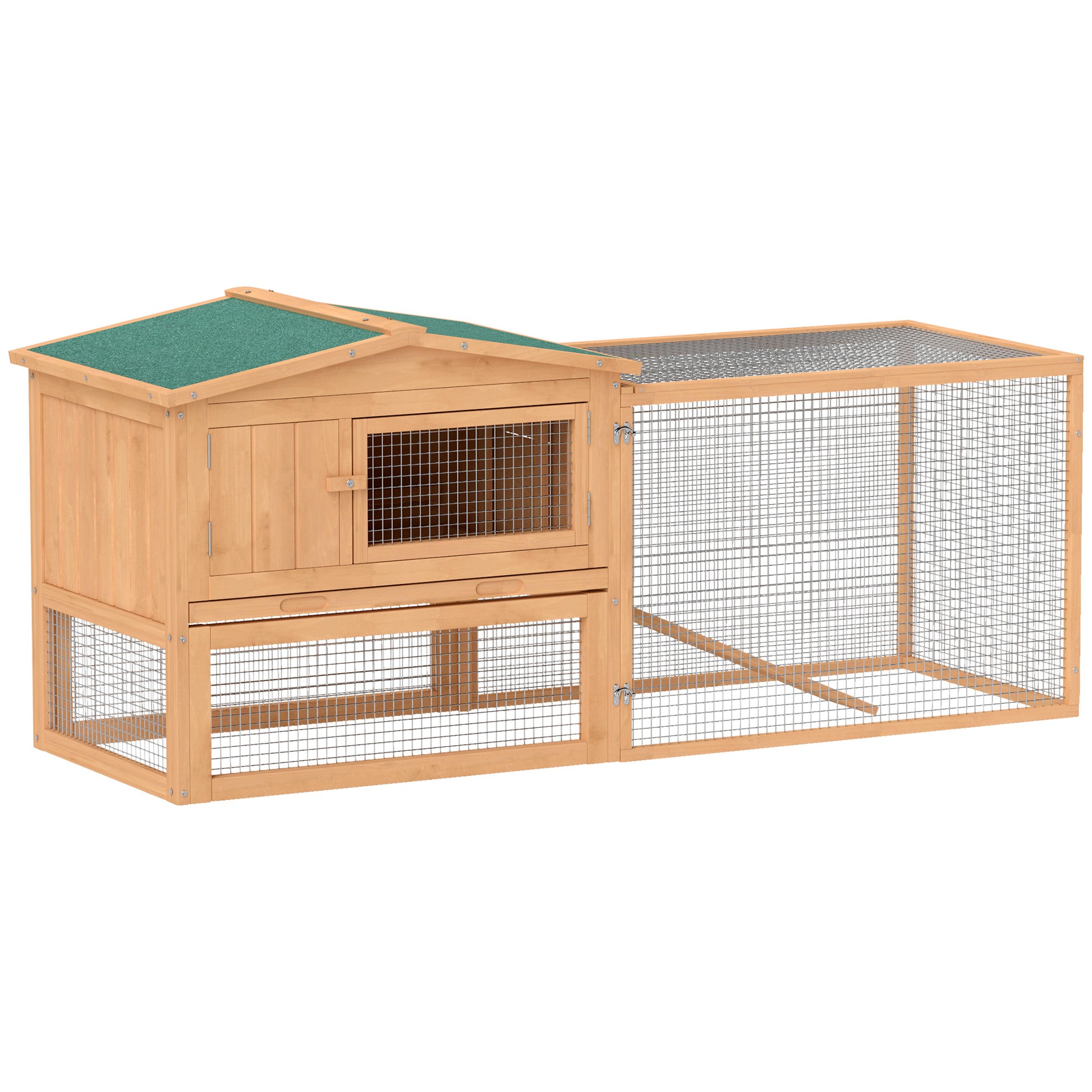 62'' L 2-Story Rabbit Hutch Bunny Cage Small Animal House with Pull Out Tray, Detachable Run, Ramp, for Indoor Outdoor, 