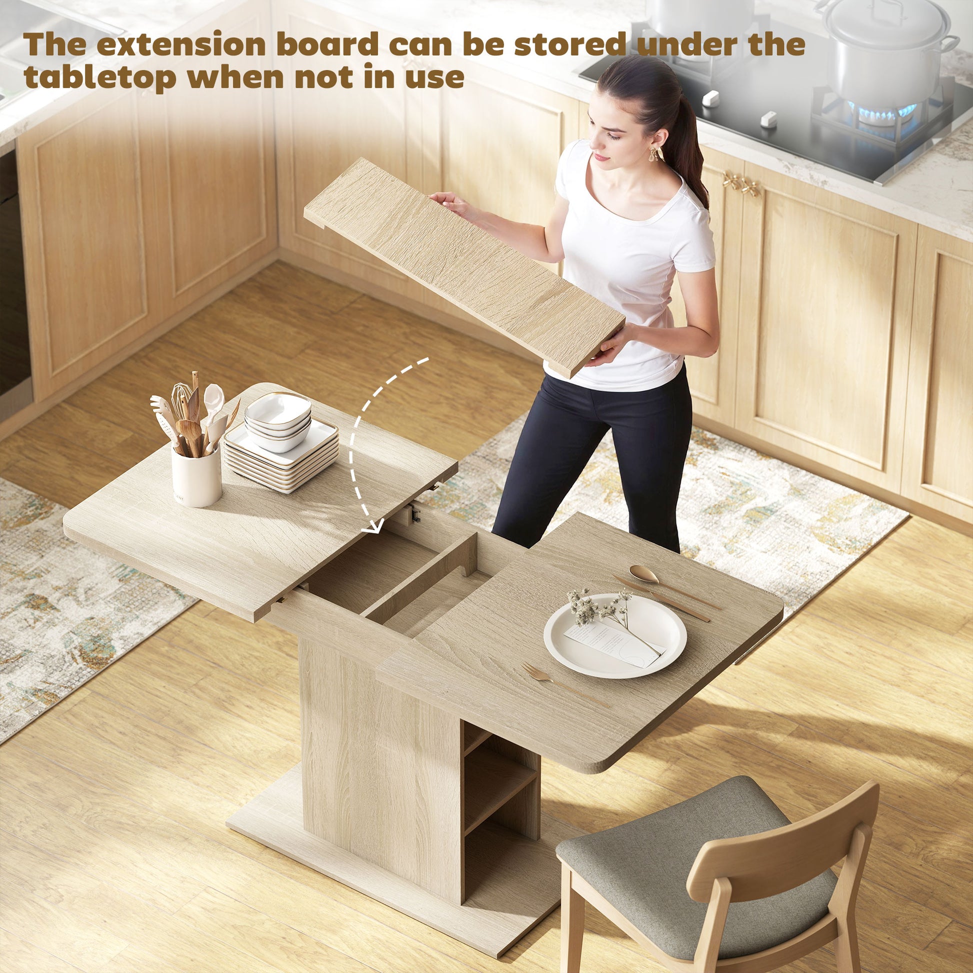 Extendable Dining Table for 4-6 People, 43.3"-51.2" Kitchen Table with 6 Open Shelves, Natural Wood
