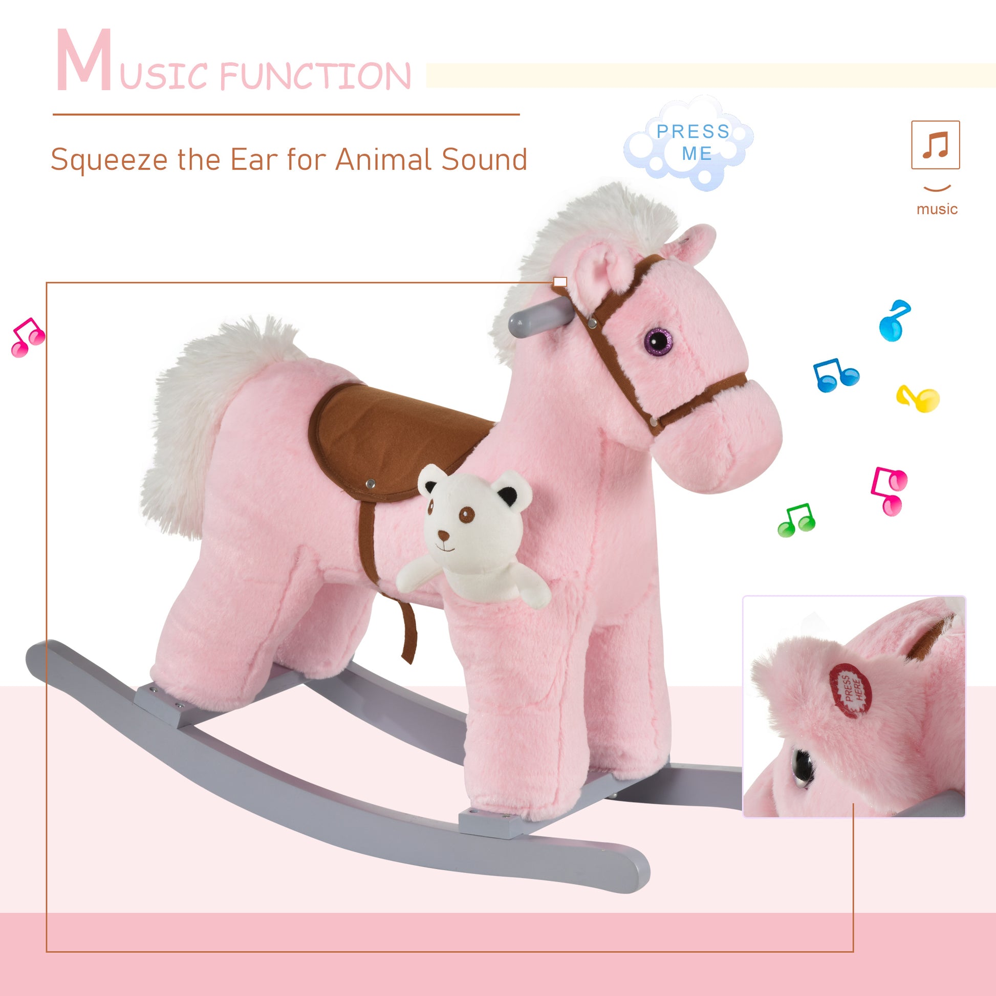 Qaba Kids Rocking Horse Plush Animal on Wooden Rockers with Sounds, Wooden Base and Bear Toy, Baby Rocking Chair, Pink