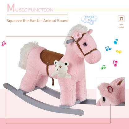Qaba Kids Rocking Horse Plush Animal on Wooden Rockers with Sounds, Wooden Base and Bear Toy, Baby Rocking Chair, Pink