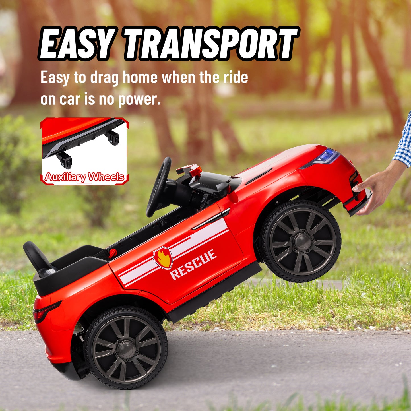 Qaba 12V Kids Electric Fire Truck w/ Remote Control, Spring Suspension, Transport Wheel, Siren, Music, Light, Horn, Red