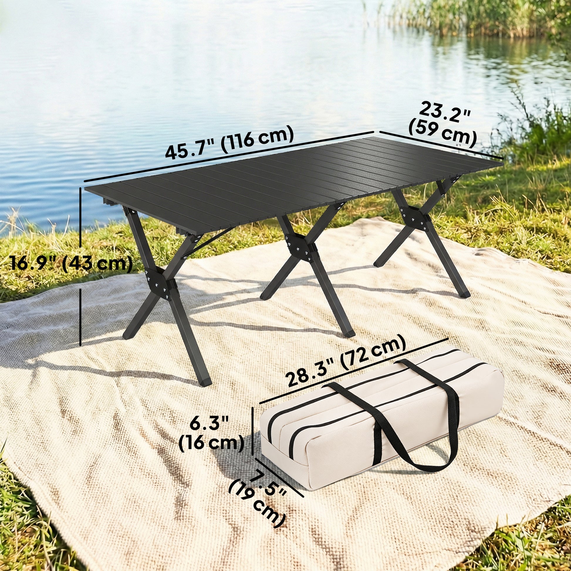 4ft Folding Camping Table, Waterproof Picnic Table with Roll Up Top, Carry Bag and Metal Frame, Black