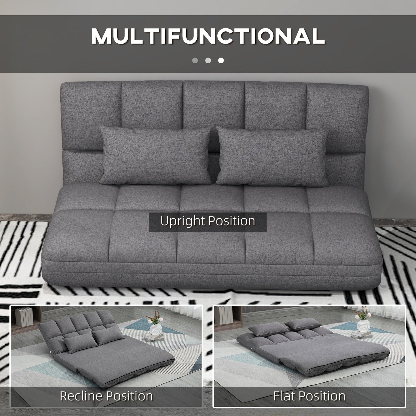 51" Folding Floor Sofa, Foldable 2-Seater Lazy Sofa Sleeper Bed, Adjustable Linen Floor Couch with 9-position Backrest, 