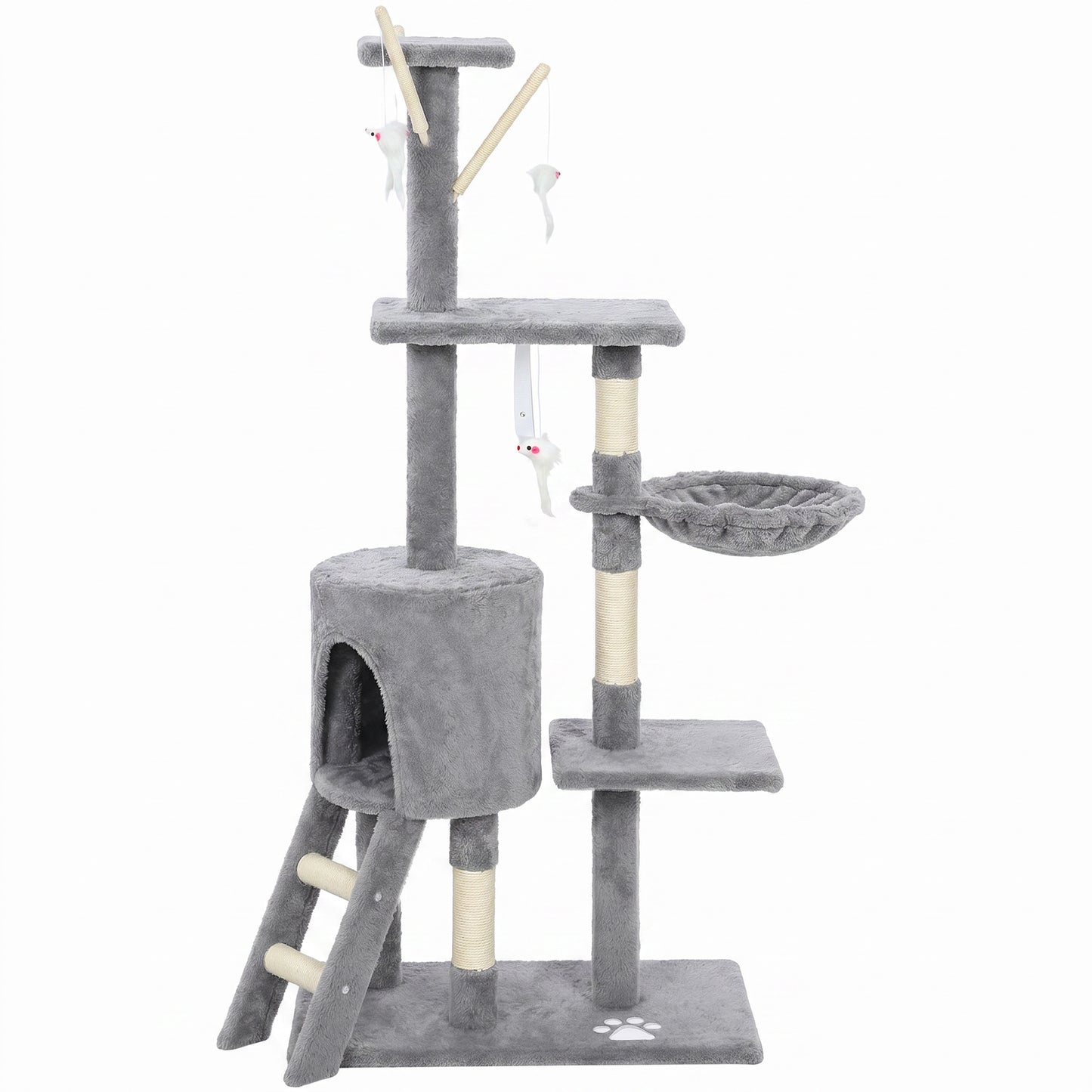53" Cat Tree Tower, Kitten Activity Centre with Scratching Posts, Condo, Perches, Ladder, Hammock, Dangling Toys, Grey