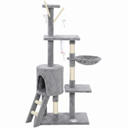 53" Cat Tree Tower, Kitten Activity Centre with Scratching Posts, Condo, Perches, Ladder, Hammock, Dangling Toys, Grey
