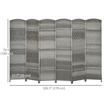 6 Ft Tall Folding Room Divider, 6 Panel Portable Privacy Screen, Hand-Woven Partition Wall Divider, Mixed Grey