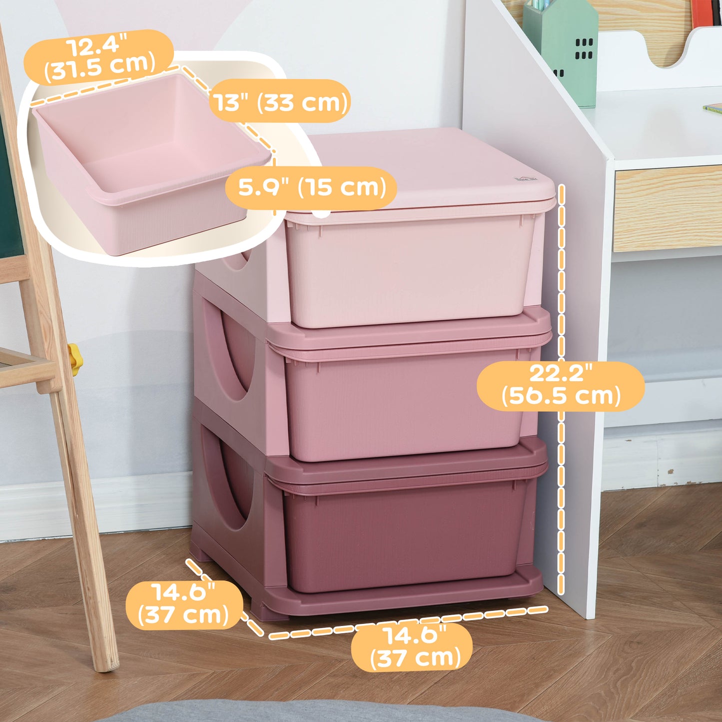 Qaba 3 Tier Kids Toy Organizer and Storage Bins with 3 Plastic Drawers, Pink