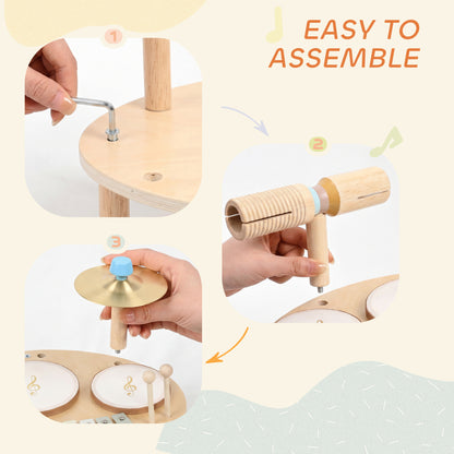 Qaba Toddler Drum Set, 4-in-1 Musical Instruments for Kids 2+, Gifts for Girls Boys Birthday, Natural Wood