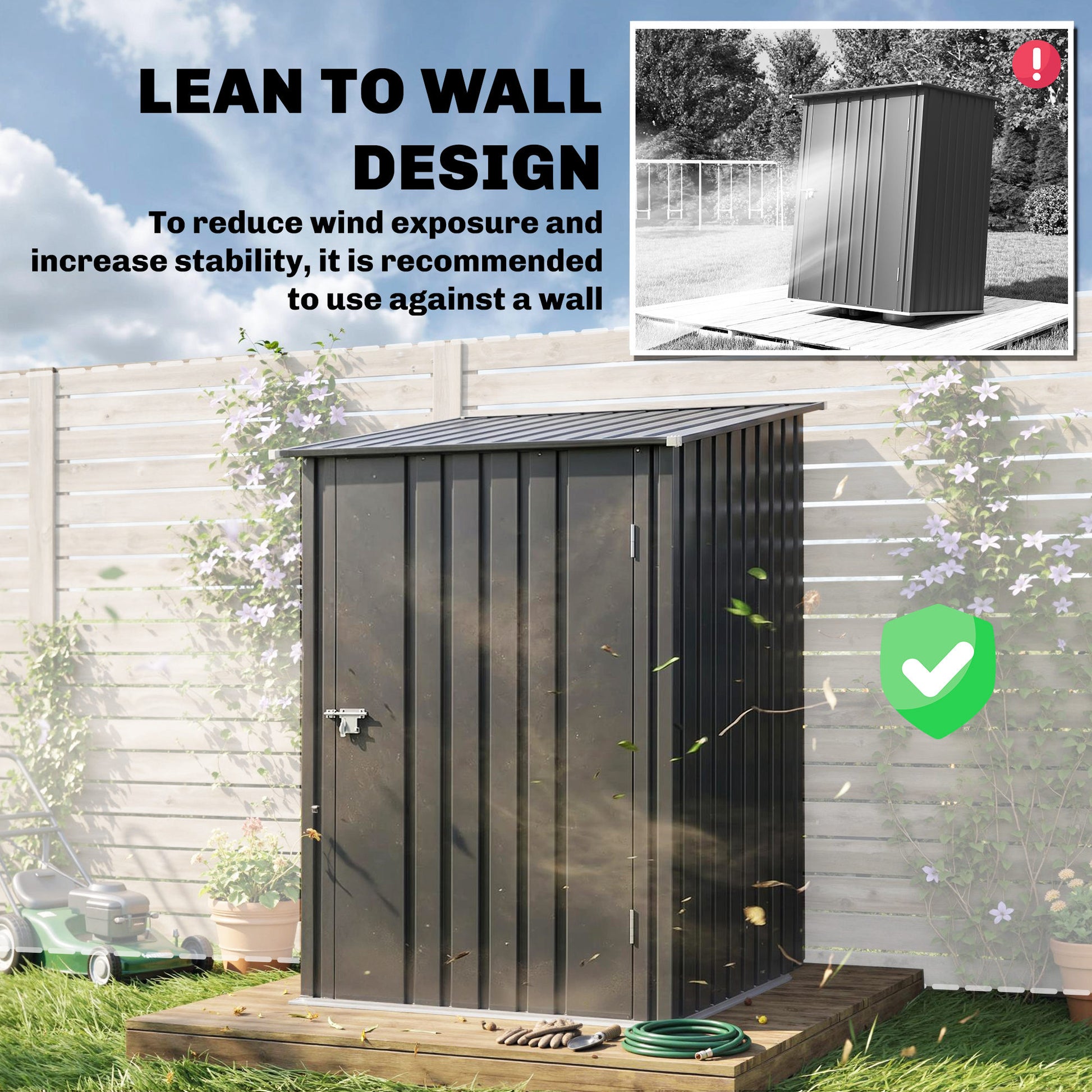 Garden Tool Storage Shed, Small Steel Shed with Lockable Door for Garden & Patio, Galvanized Steel Construction, Dark Gr