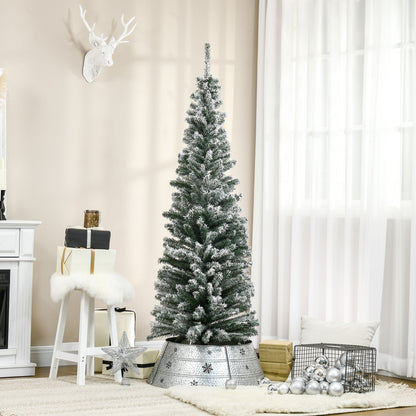 6ft Flocked Christmas Tree, Pencil Christmas Tree with Realistic Branch Tips, Folding Metal Stand, Green