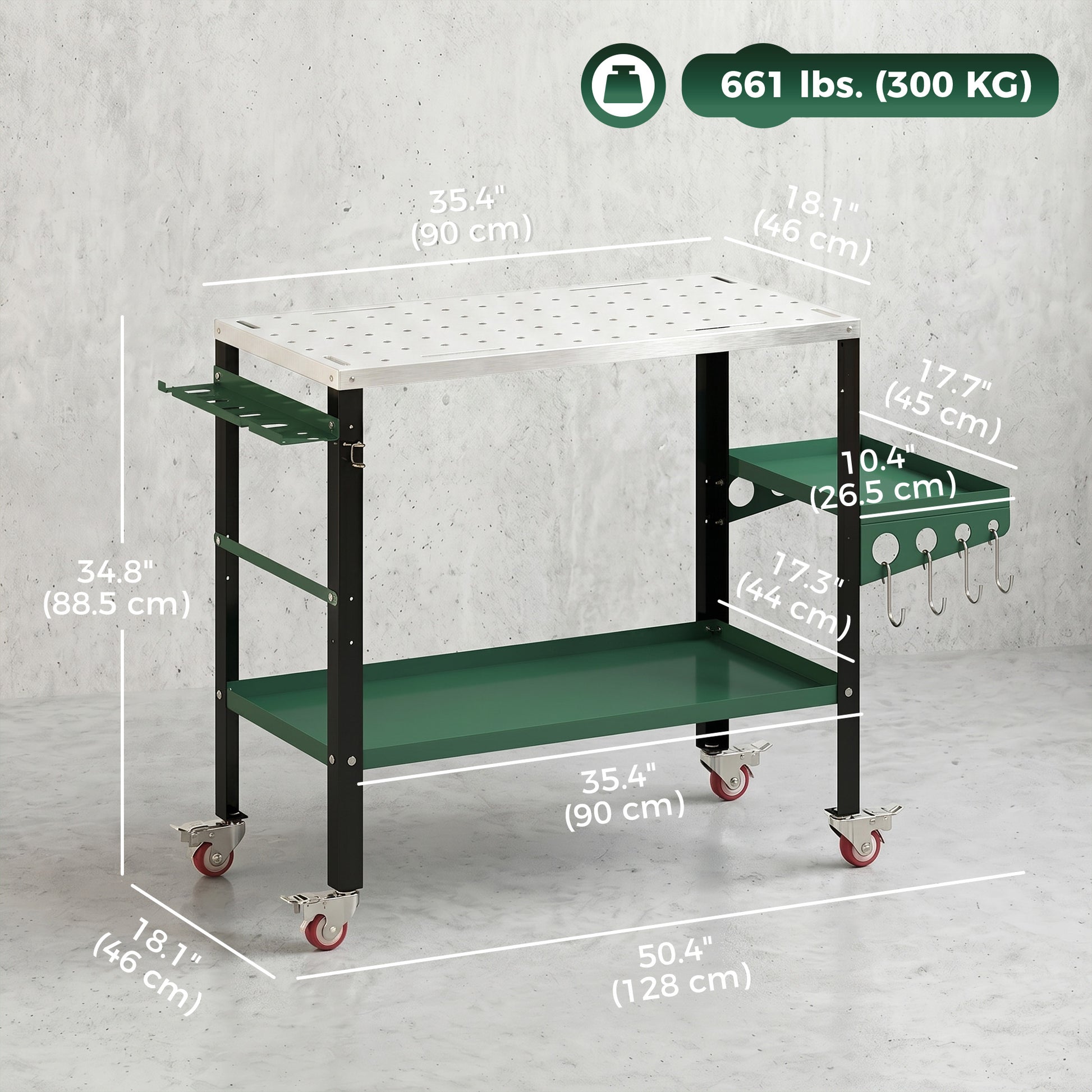 2Tier Rolling Welding Table, Lockable Steel Heavy Duty Welding Workbench Table with Side Tray, Silver & Green