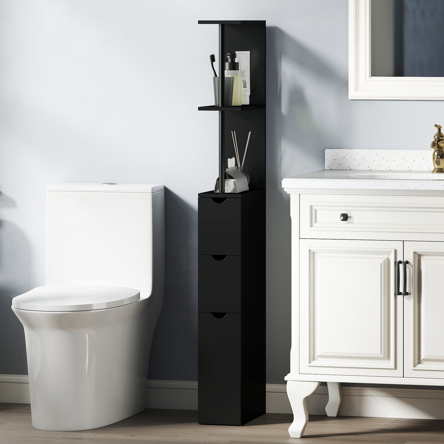 Tall Bathroom Storage Cabinet, Narrow Bathroom Cabinet with Drawers and Open Shelves for Small Spaces, Black