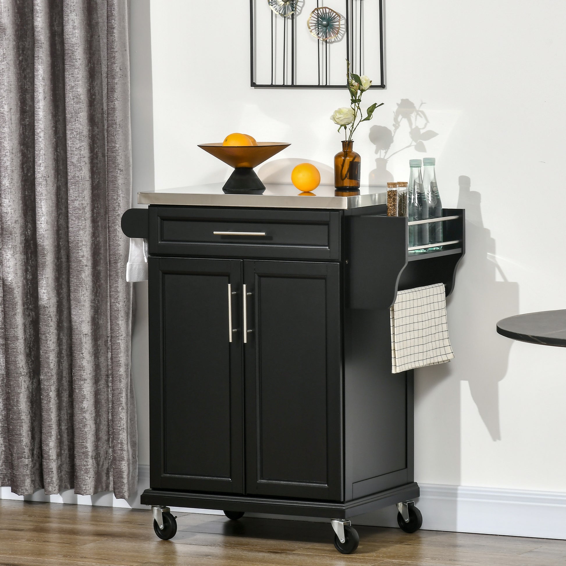 Kitchen Island with Stainless Steel Top, Rolling Kitchen Cart on Wheels with Storage Drawer, Cabinet, Towel Rack and Spi