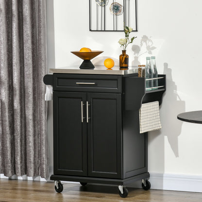 Kitchen Island with Stainless Steel Top, Rolling Kitchen Cart on Wheels with Storage Drawer, Cabinet, Towel Rack and Spi