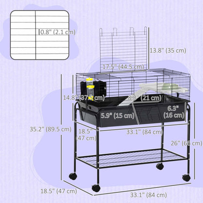 35" Small Animal Cage Rolling Guinea Pig Cage with Detachable Stand, Water Dispenser, Food Dish, Ramp, Wheels, Dark Grey