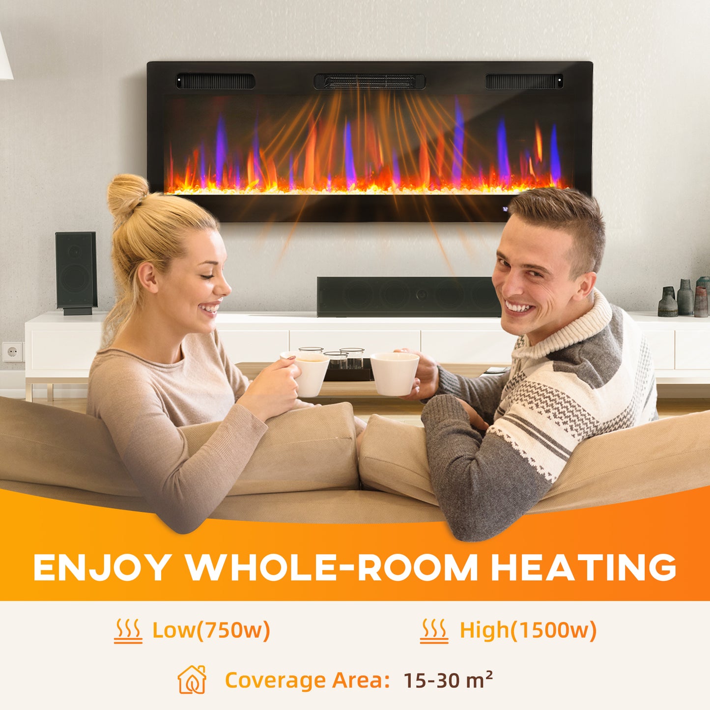 50" Thin Electric Fireplace, Freestanding, Wall Mounted Fireplace Heater with Eco Mode, Auto Switch, Remote, 1500W