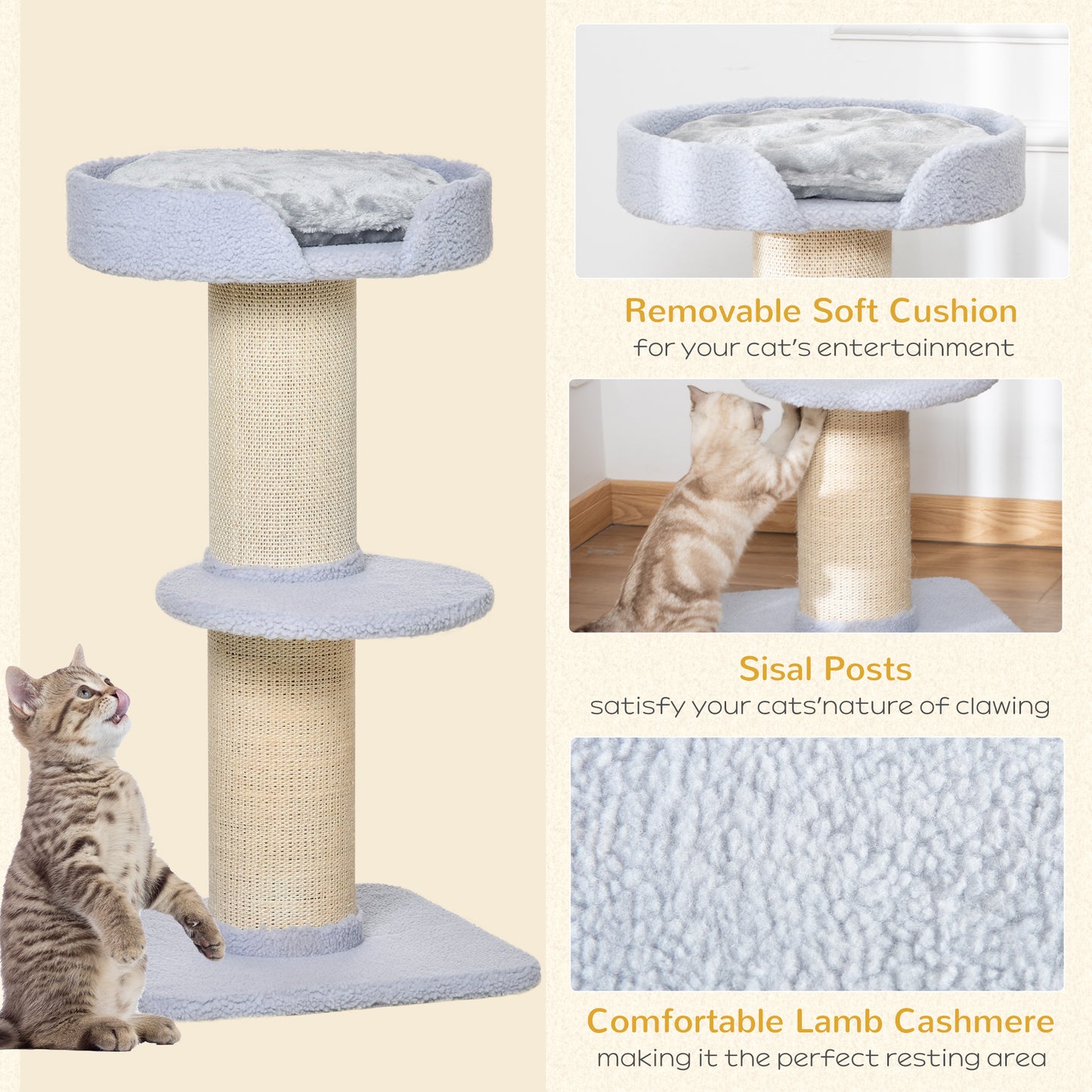 Cat Tree Kitty Tower with Sisal Mat Scratching Post, Cat Bed, Cushion, Perch, 18" x 18" x 36",  Light Blue
