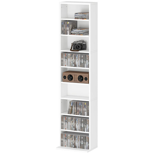 Media Storage Cabinet, 9-Tier Tall Narrow DVD Shelf with 6 Adjustable Shelves, White