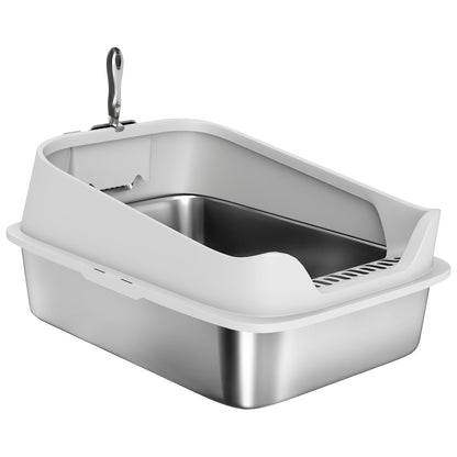 Cat Litter Box Stainless Steel with Metal Litter Scoop, Never Absorbs Odors, Anti Leakage, 24" x 16" x 12", Grey