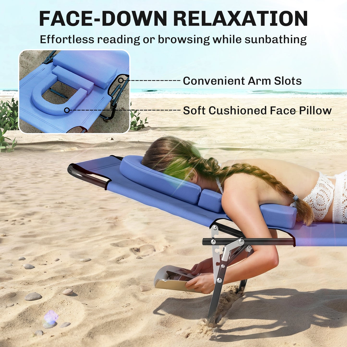 Folding Chaise Lounge Chair, Reclining Beach Tanning Chair with Face Hole, Pillow, 4-Position Adjustable Lay Flat Sun Lo