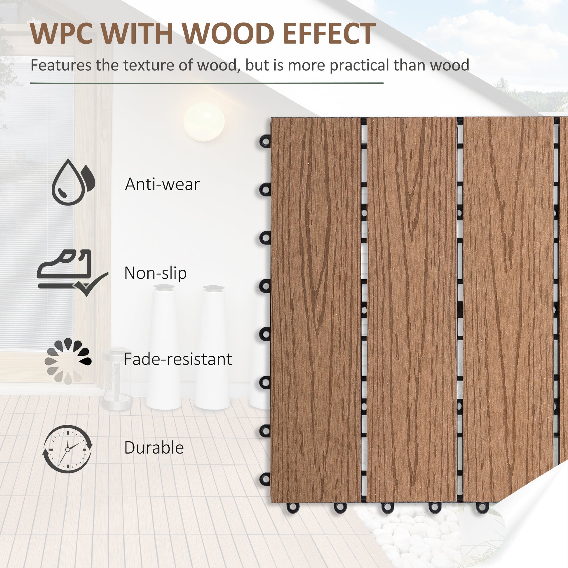 Outdoor Tiles, 11 Pack 12" x 12" WPC Interlocking Deck Tiles Waterproof and Non-slip