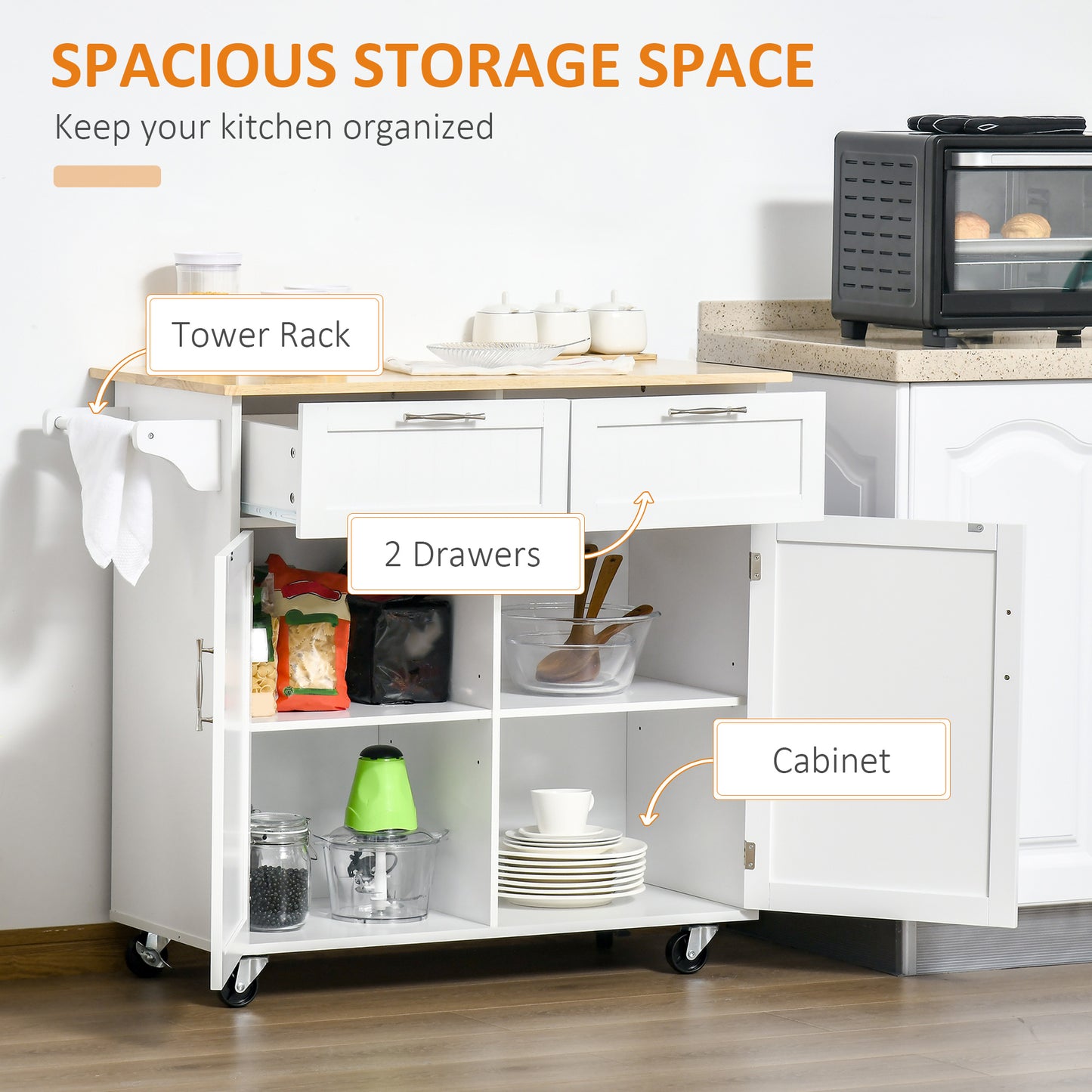 Rolling Kitchen Island with Storage, Rubber Wood Top and Towel Rack - White - Image 3