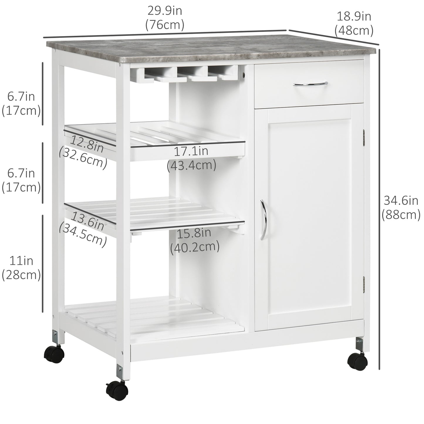 Rolling Kitchen Cart, Bar Cart on Wheels with Wine Rack, Drawer, Open Shelves, Cabinet and Faux Marble Top, Kitchen Isla