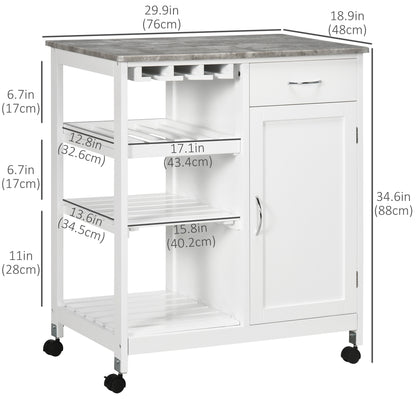 Rolling Kitchen Cart, Bar Cart on Wheels with Wine Rack, Drawer, Open Shelves, Cabinet and Faux Marble Top, Kitchen Isla