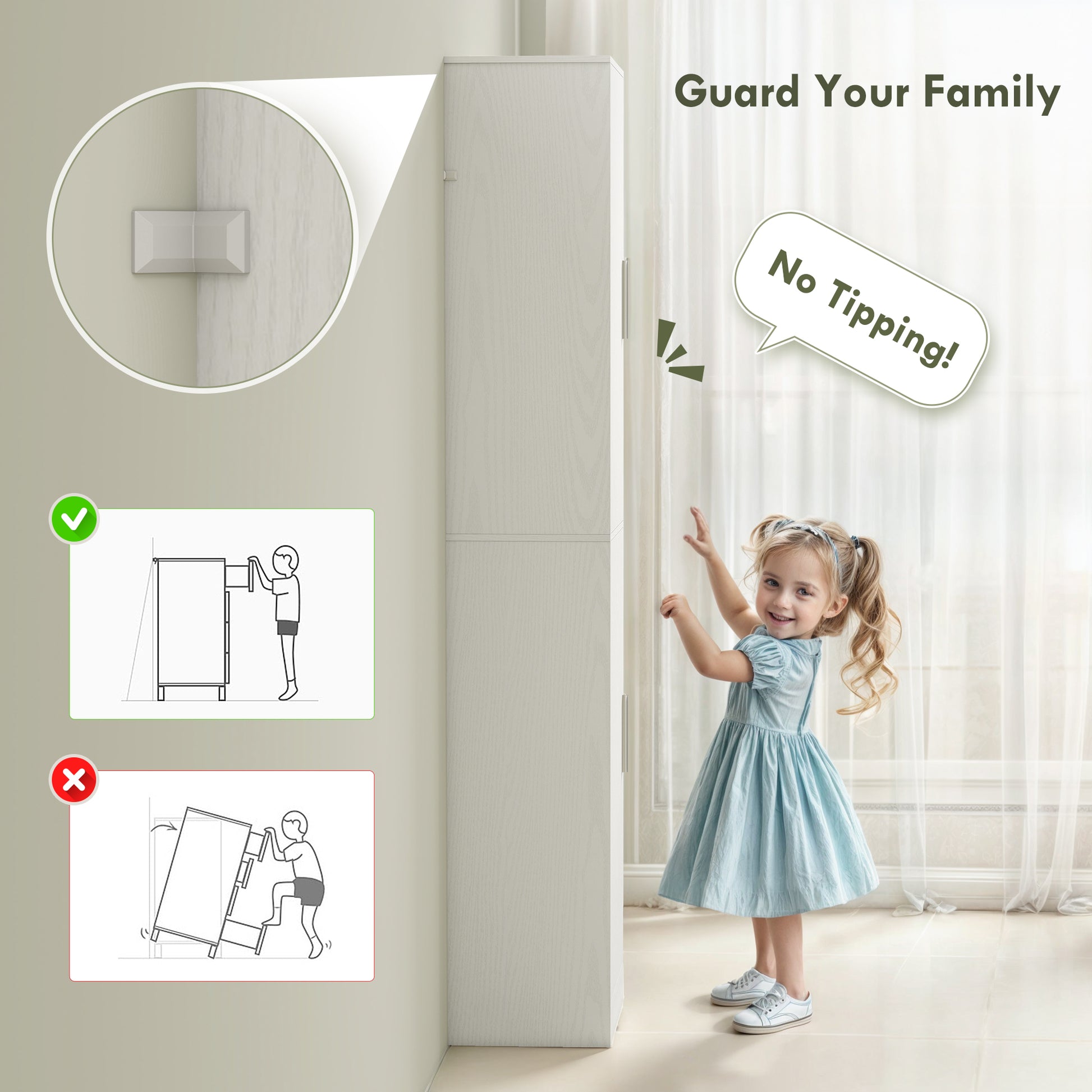 Tall Bathroom Cabinet, Slim 6-Tier Bathroom Floor Cabinet with 2 Doors and 4 Adjustable Shelves, White