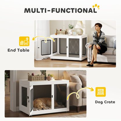 Pet Crate End Table with Water-resistant Cushion or Large Medium Dogs, White