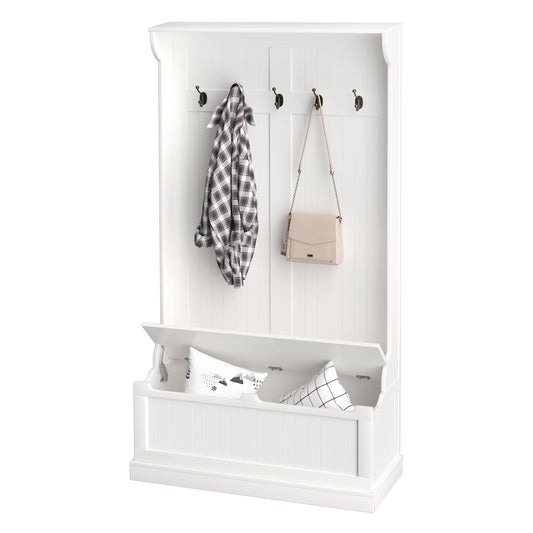 3-In-1 Hall Tree w/ Coat Rack, Shoe Storage and Bench Seat, Entryway Bench w/ 4 Hooks for Hallway, Living Room, White