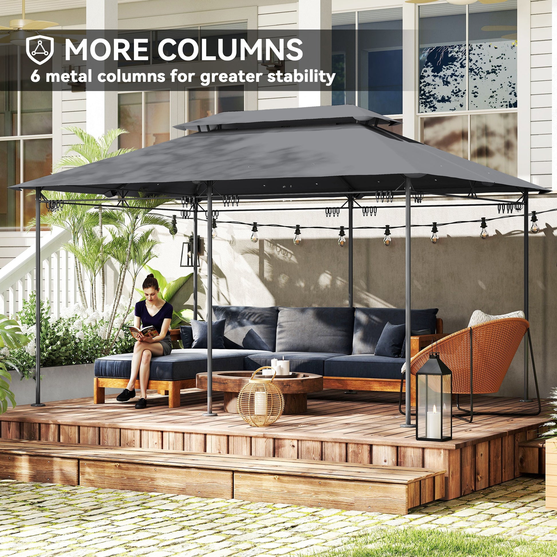 10' x 13' Double Roof Patio Gazebo, Outdoor Gazebo with Curtains, for Garden, Lawn, Backyard and Deck, Grey