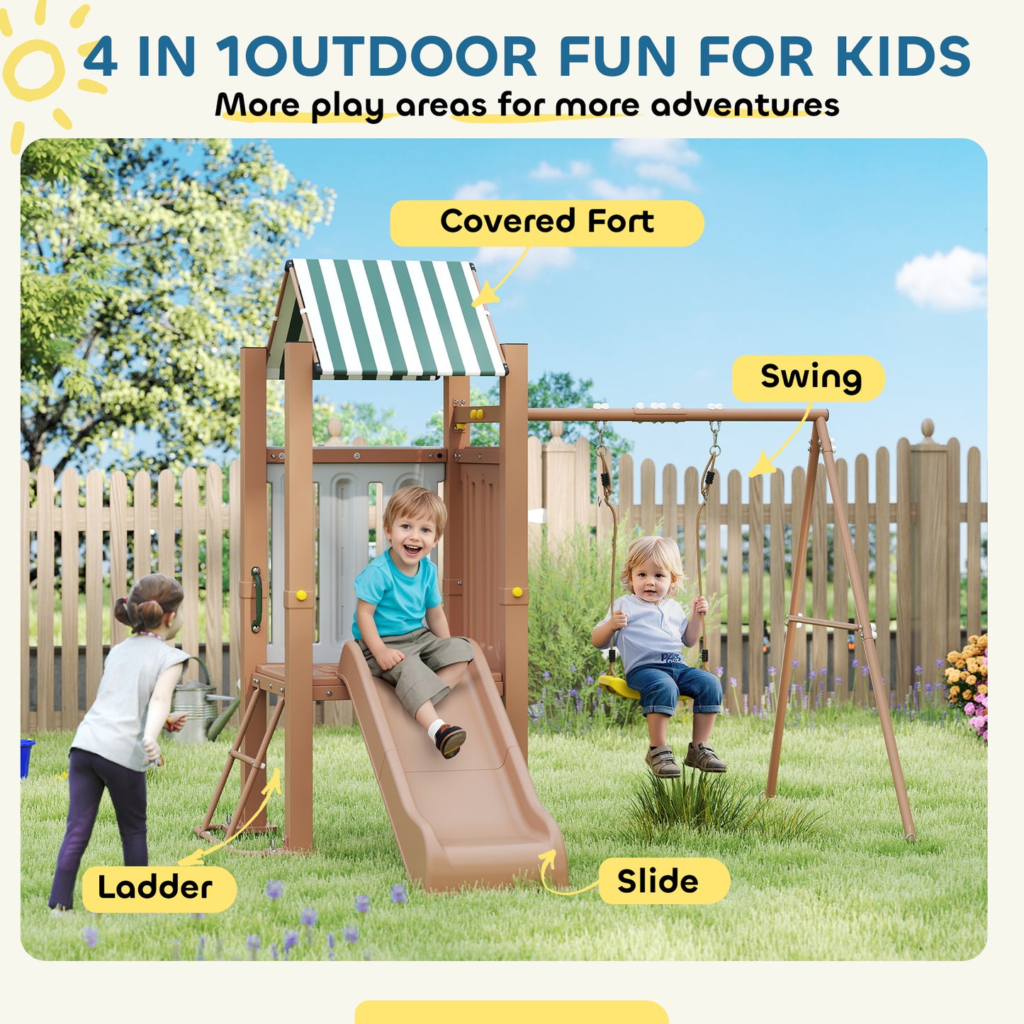 Qaba 4-in-1 Kids Swing Set for Playground with Slide, Covered Fort, Climbing Ladder, Ground Stakes, for Kids Ages 3-8, B