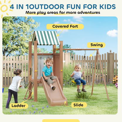 Qaba 4-in-1 Kids Swing Set for Playground with Slide, Covered Fort, Climbing Ladder, Ground Stakes, for Kids Ages 3-8, B