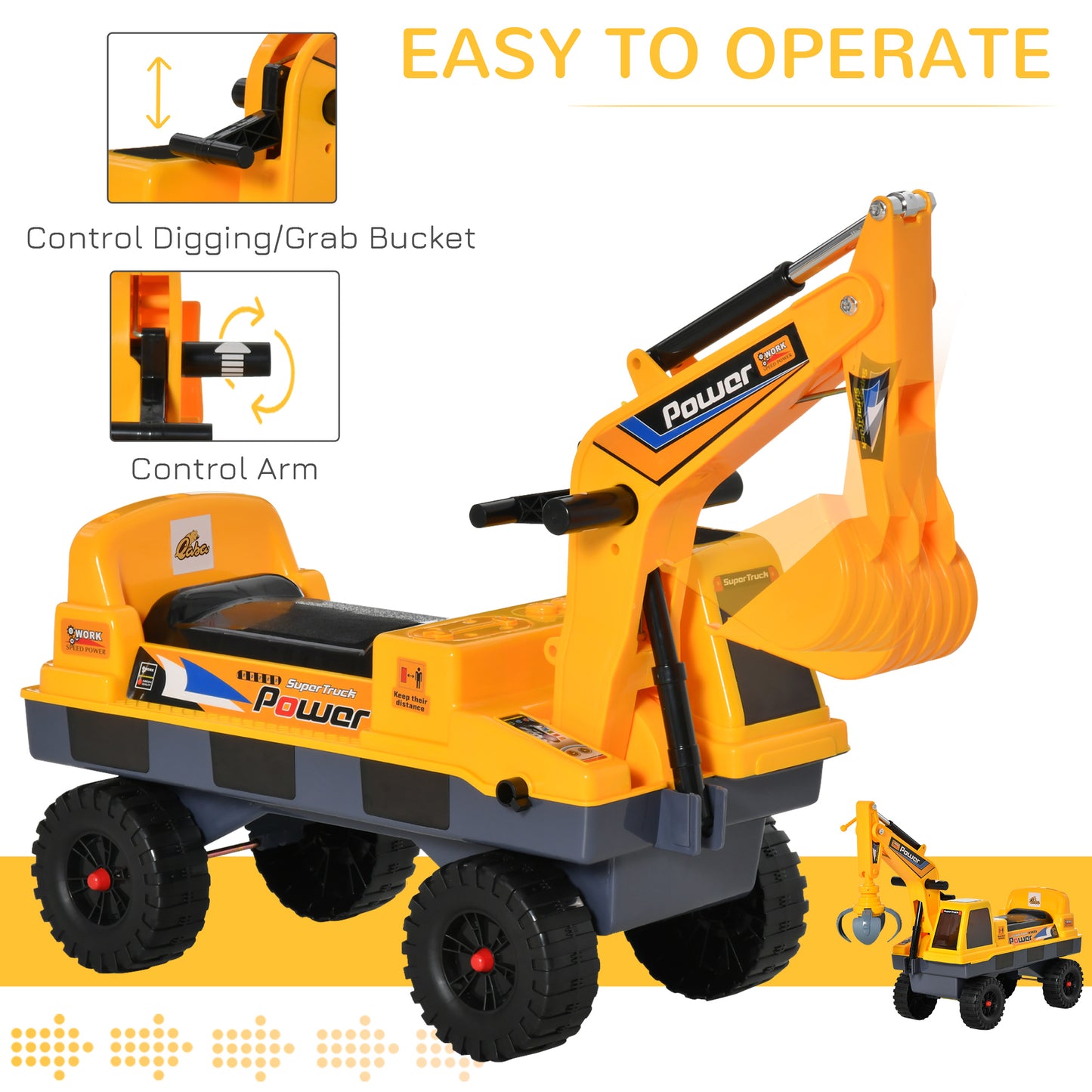 Qaba No Power Ride On Excavator Construction Digger Multi-Functional Truck Toy with 2 in 1 Design Detachable Digging Buc