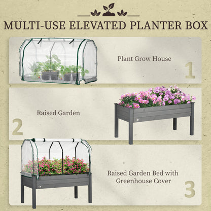 Raised Garden Bed with PE Greenhouse Cover Outdoor Elevated Wood Planter Box for Herbs and Vegetables Dark Gray