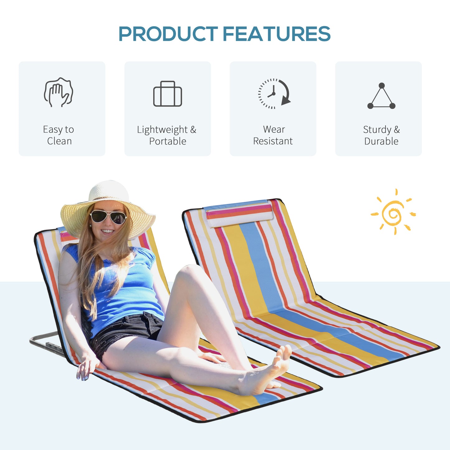 Set of 2 Beach Lounge Chair Sun Lounger Beach Mat, Padded Folding Ground Mat Lounge Chair w/Adjustable Back, Steel Frame