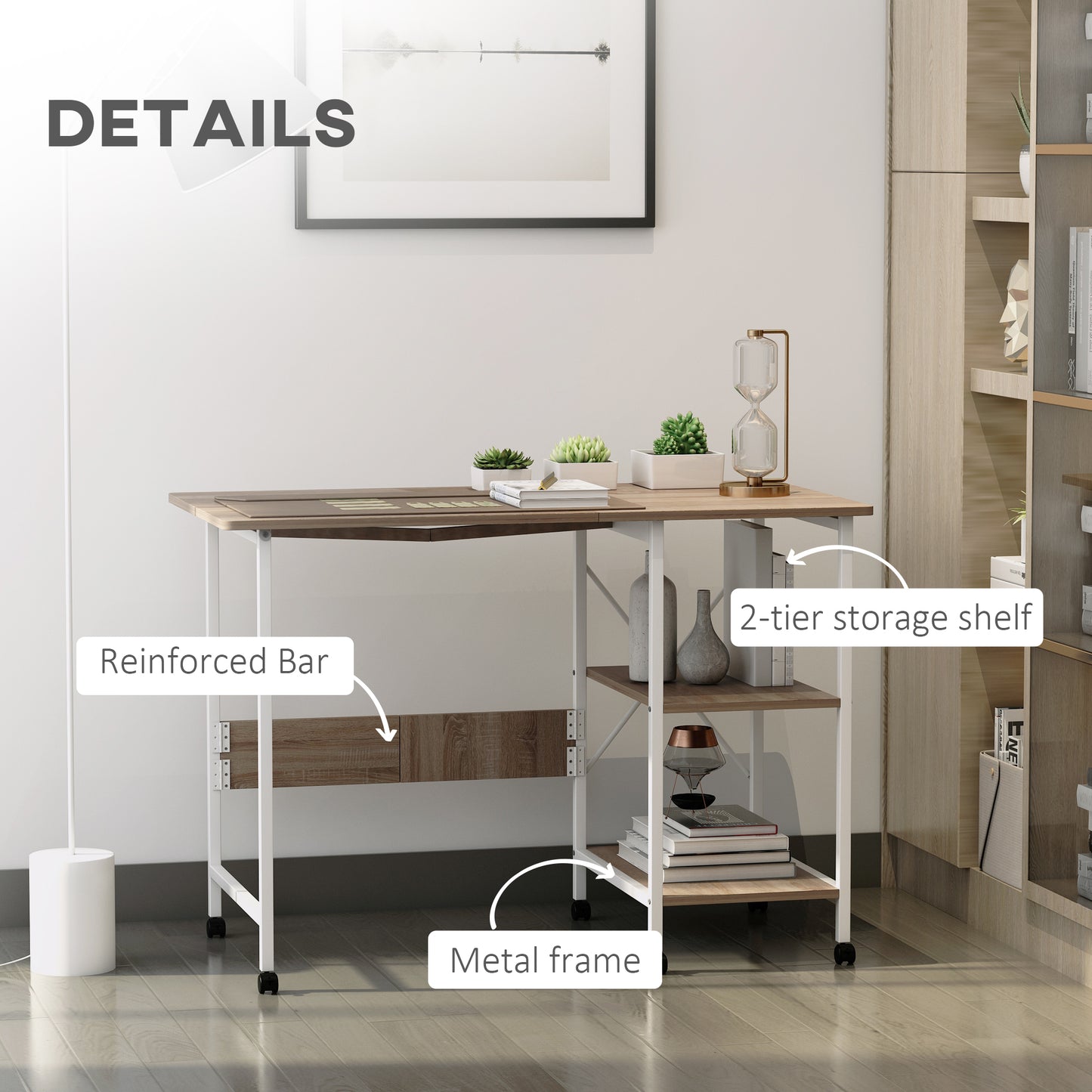 Folding Computer Desk with Storage Shelves, Study Writing Table Laptop Desk with 6 Wheels for Bedroom Home Office Workst