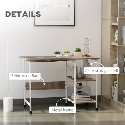 Folding Computer Desk with Storage Shelves, Study Writing Table Laptop Desk with 6 Wheels for Bedroom Home Office Workst