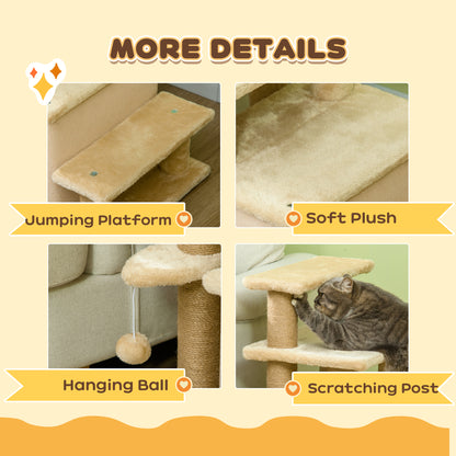 Cat Stairs Pet Steps for Couch Bed with Scratching Posts Condo Ball Toy, 23.6" x 15.7" x 26", Beige